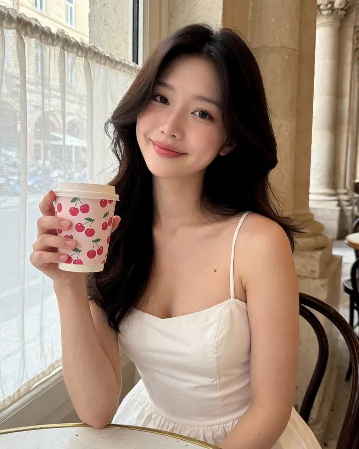 AI-generated photo of a fictional woman: brunette, in a café, white dress