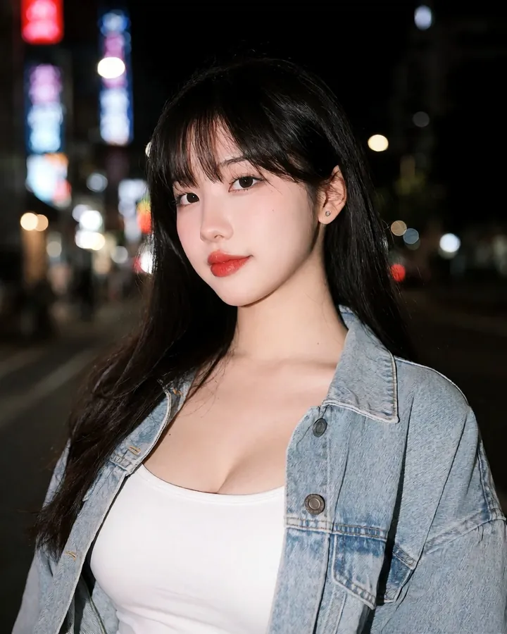 AI-generated photo of a fictional woman: evening city, neon