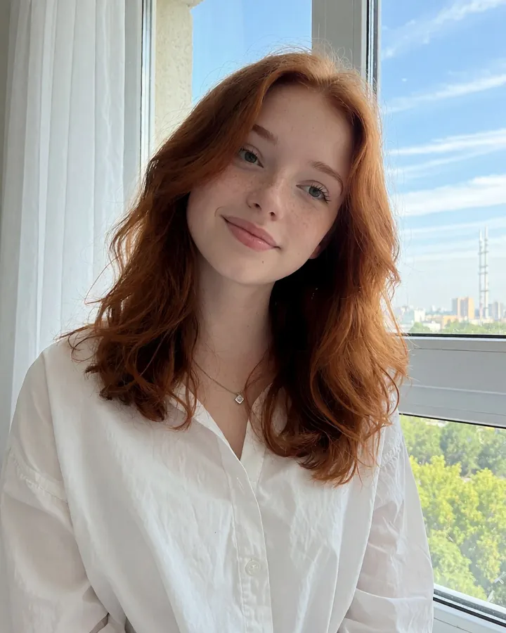 AI-generated photo of a fictional woman: redhead, white shirt