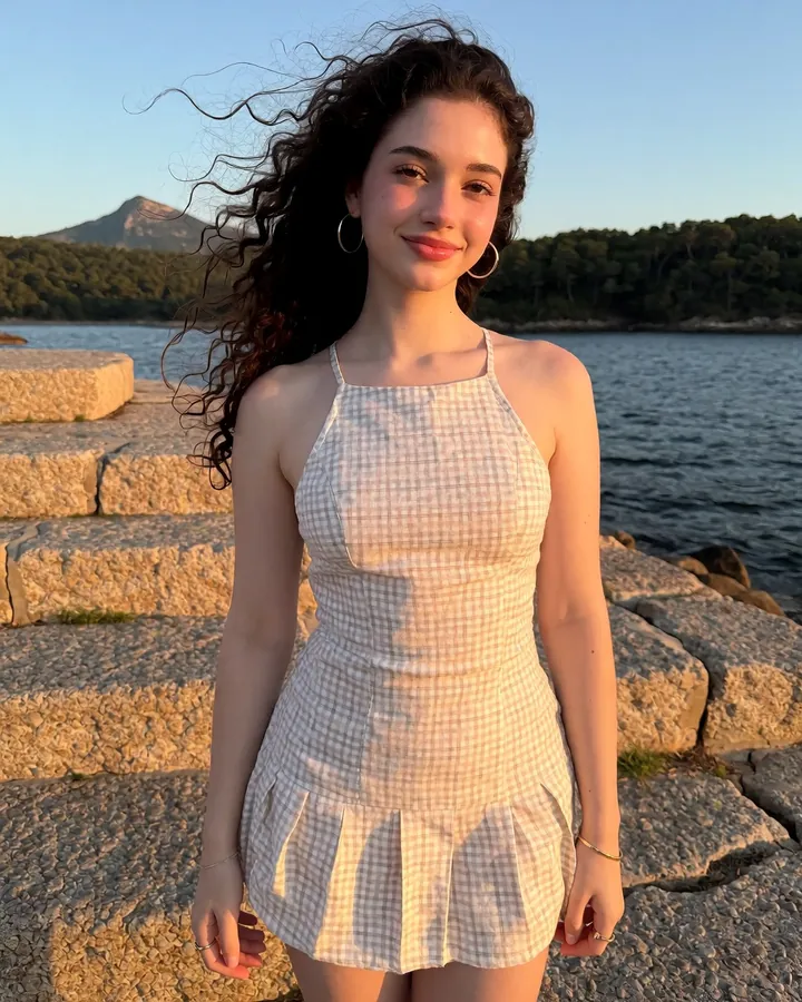 AI-generated photo of a fictional woman: at sunset by the sea