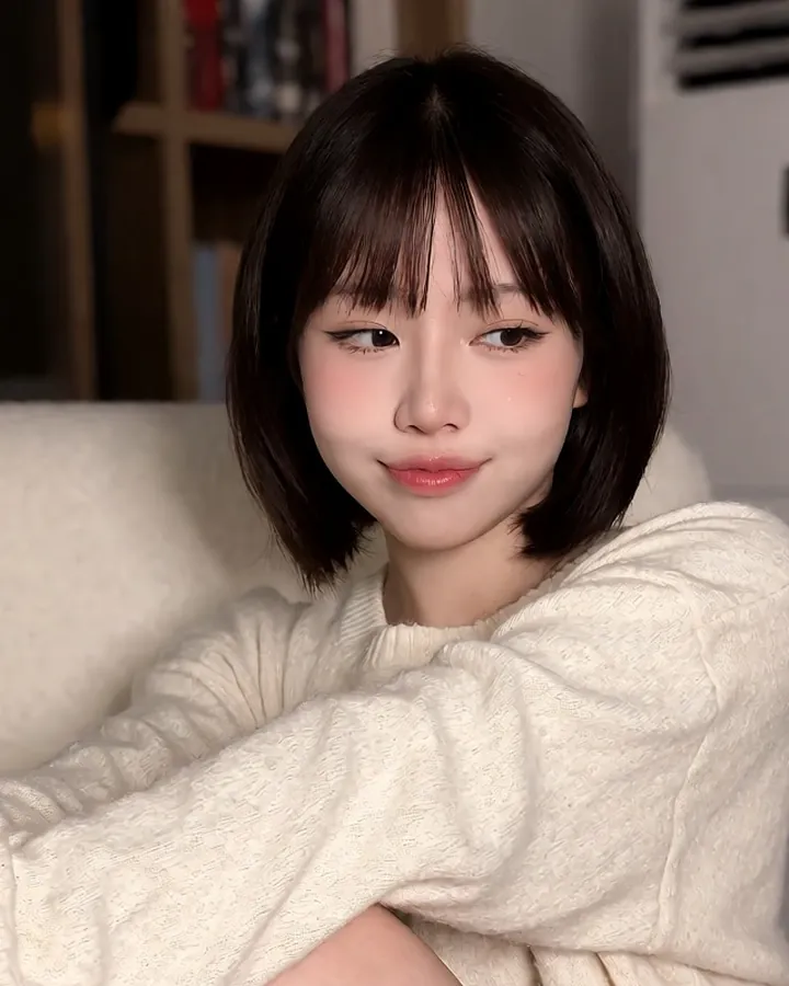 AI-generated photo of a fictional woman: cozy sweater, at home